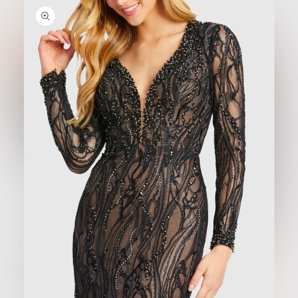 MAC DUGGAL 79291 NWT Beaded Illusion Long Sleeve Plunge Neck Gown - Picture 2 of 9